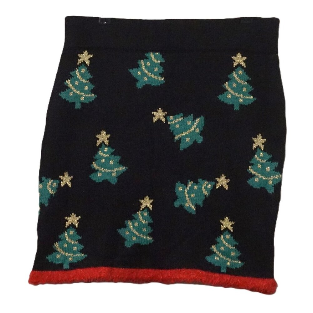 Major Label Black Sweater Skirt with Christmas Tree Pattern Medium
